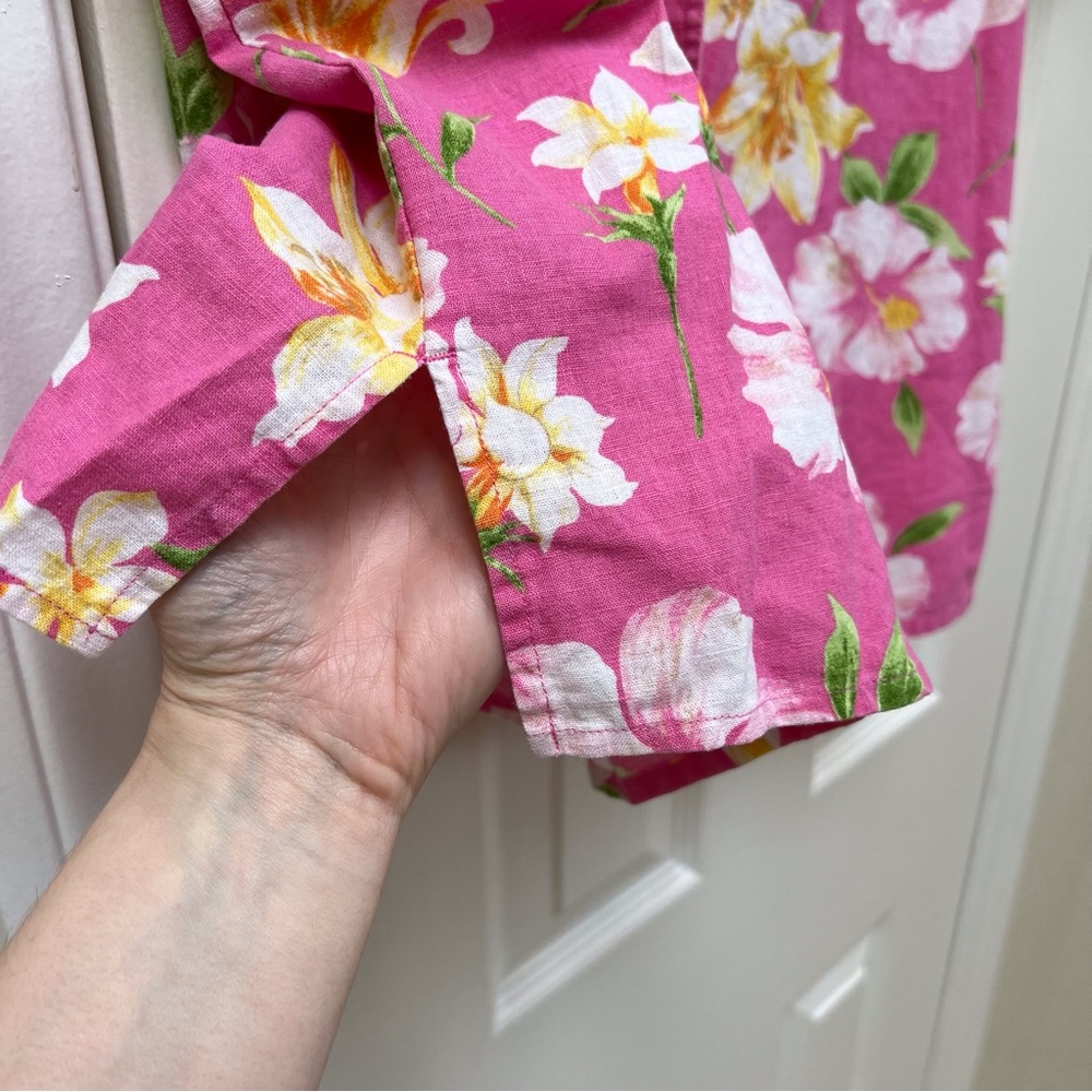 Vintage 90s Linen-Blend Pink Floral Hawaiian Blouse Tropical Lilly Tiki Barbie - Picture 7 of 8